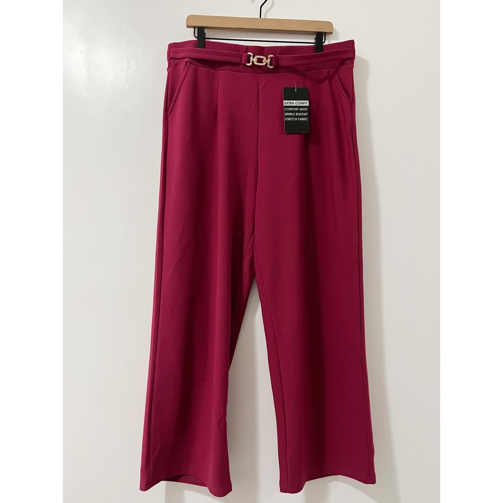 Lemite Women Magenta Pink Wide Leg Comfort Waist Stretch Trousers 3XL NEW